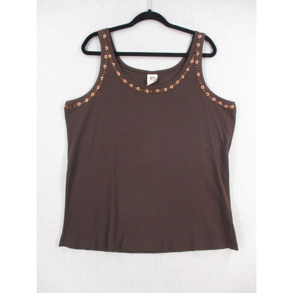 Faded Glory Womens Plus‎ Embellished Brown Tank Top 22W/24W 100% Cotton